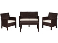 Set ADRIÁTICO, 2 Sillones + Sofá 2 plazas + mesa, polipropileno chocolate, cojines incluidos