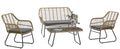 Set KROYA, 2 Sillones + Sofá 2 plazas + mesa, metal, ratán beige, cojines incluidos