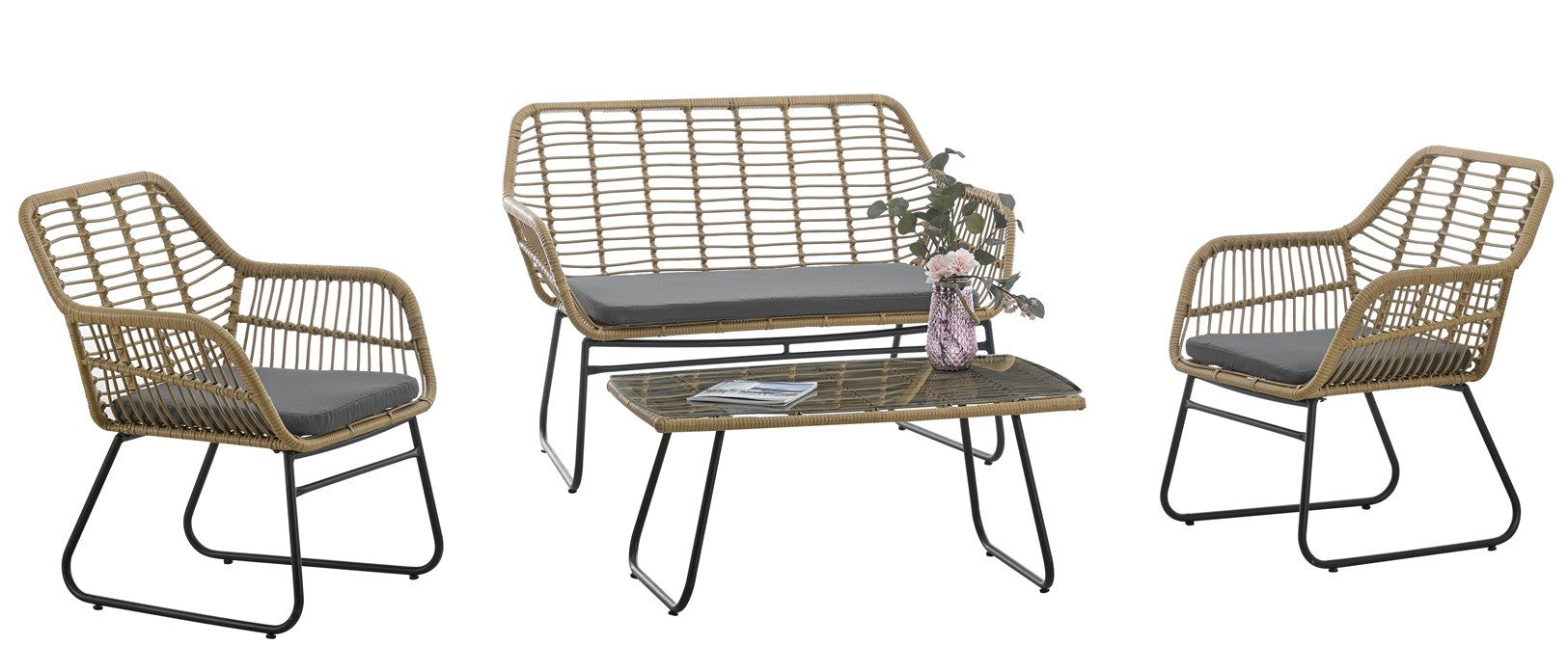 Set KROYA, 2 Sillones + Sofá 2 plazas + mesa, metal, ratán beige, cojines incluidos