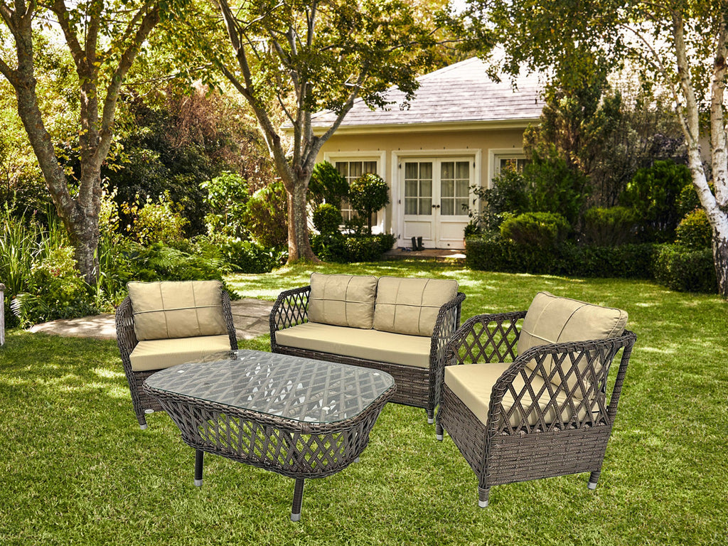 Set MARBELLA, 2 Sillones + Sofá 2 plazas + mesa, aluminio, ratán chocolate, cojines incluidos