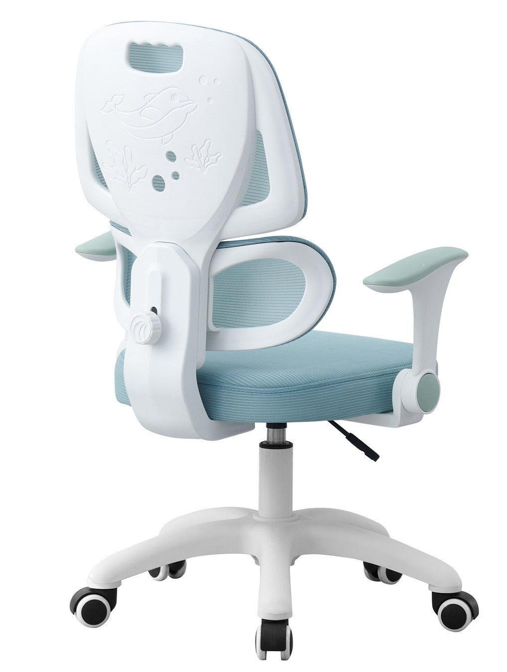 Silla de estudio CHAMONIX, blanca, brazos, ergonómica, regulación de altura, malla y asiento azul