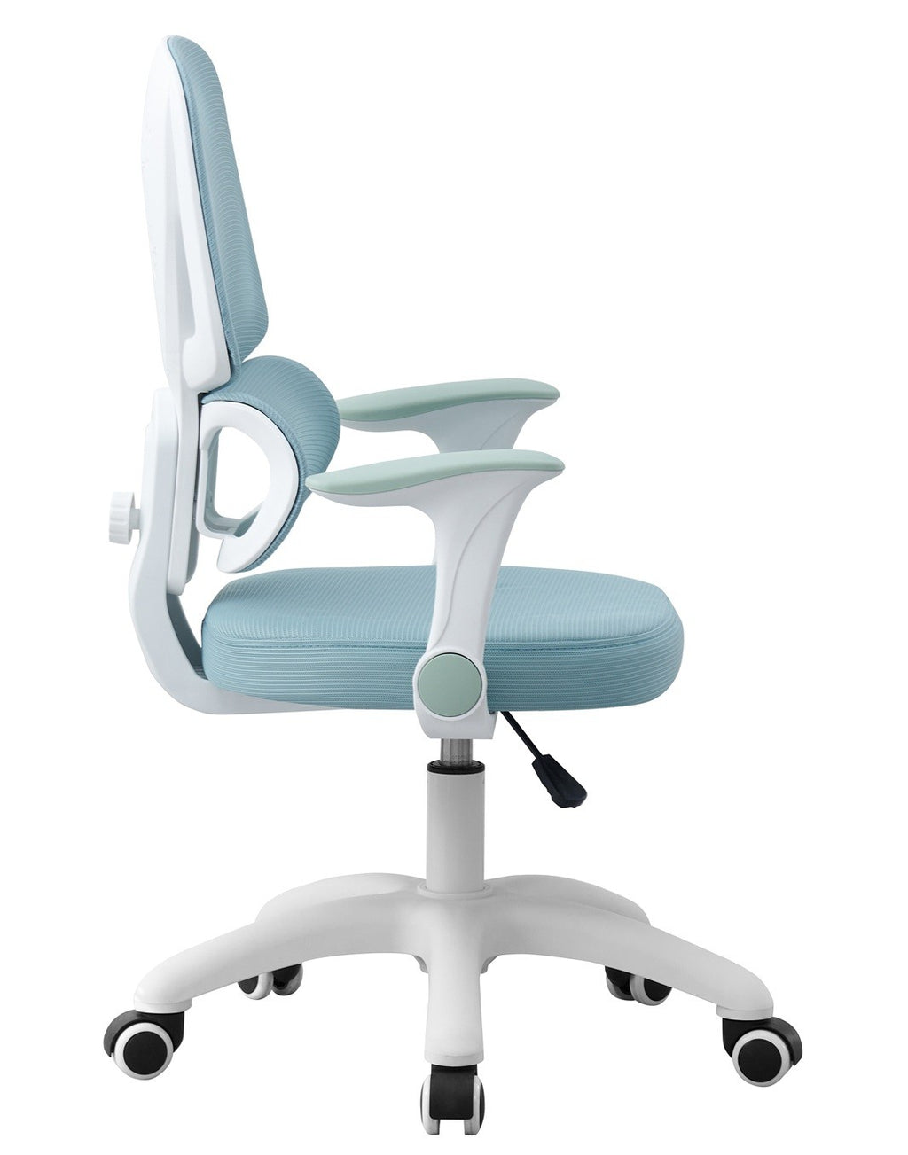 Silla de estudio CHAMONIX, blanca, brazos, ergonómica, regulación de altura, malla y asiento azul