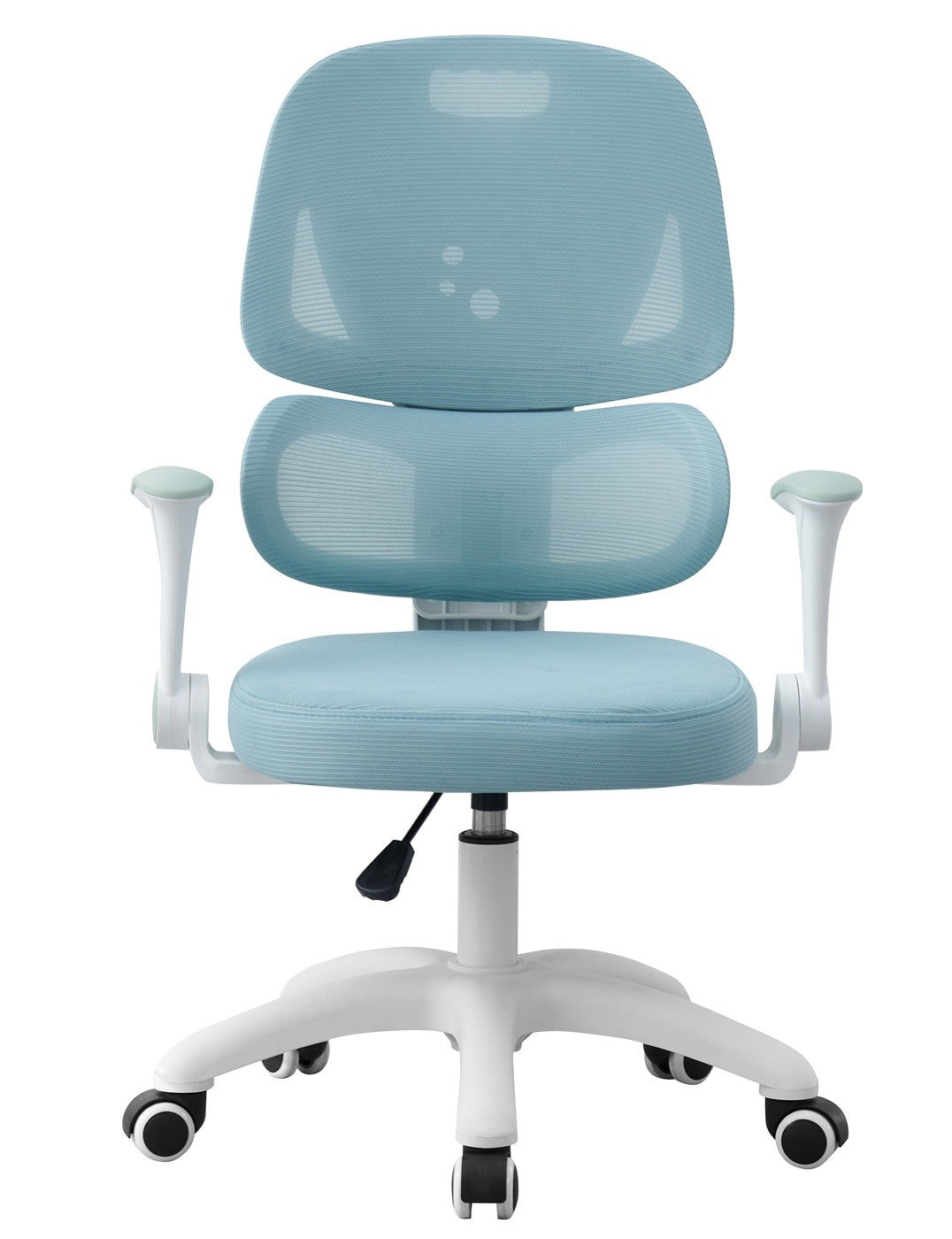 Silla de estudio CHAMONIX, blanca, brazos, ergonómica, regulación de altura, malla y asiento azul