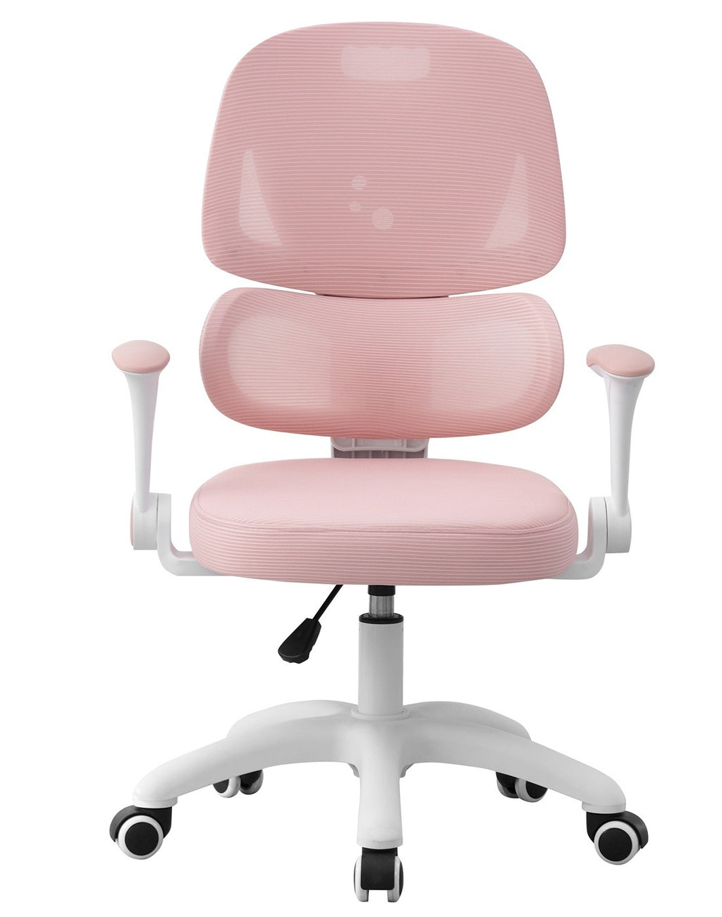 Silla de estudio CHAMONIX, blanca, brazos, ergonómica, regulación de altura, malla y asiento rosa