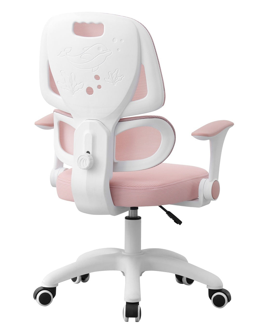 Silla de estudio CHAMONIX, blanca, brazos, ergonómica, regulación de altura, malla y asiento rosa
