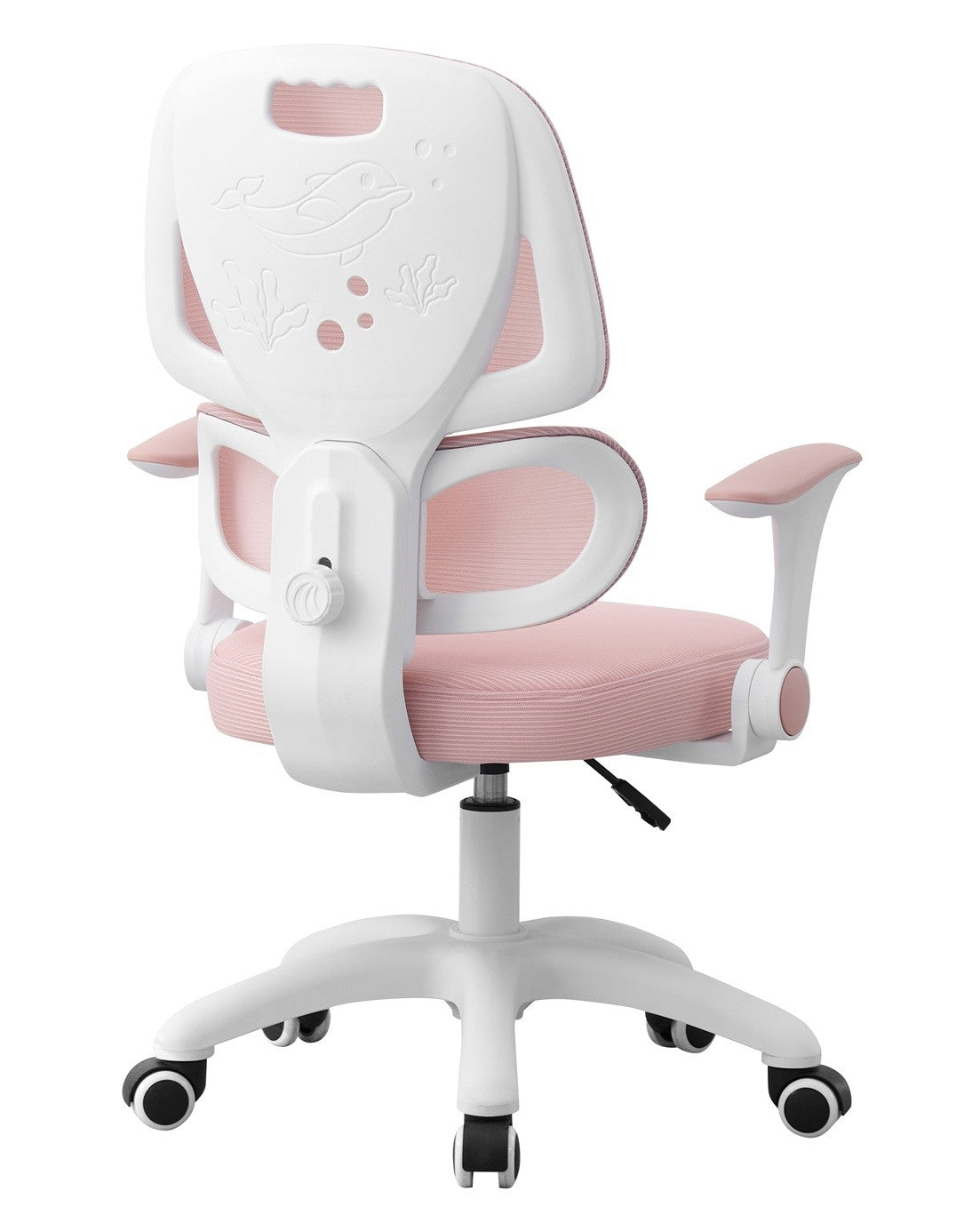 Silla de estudio CHAMONIX, blanca, brazos, ergonómica, regulación de altura, malla y asiento rosa