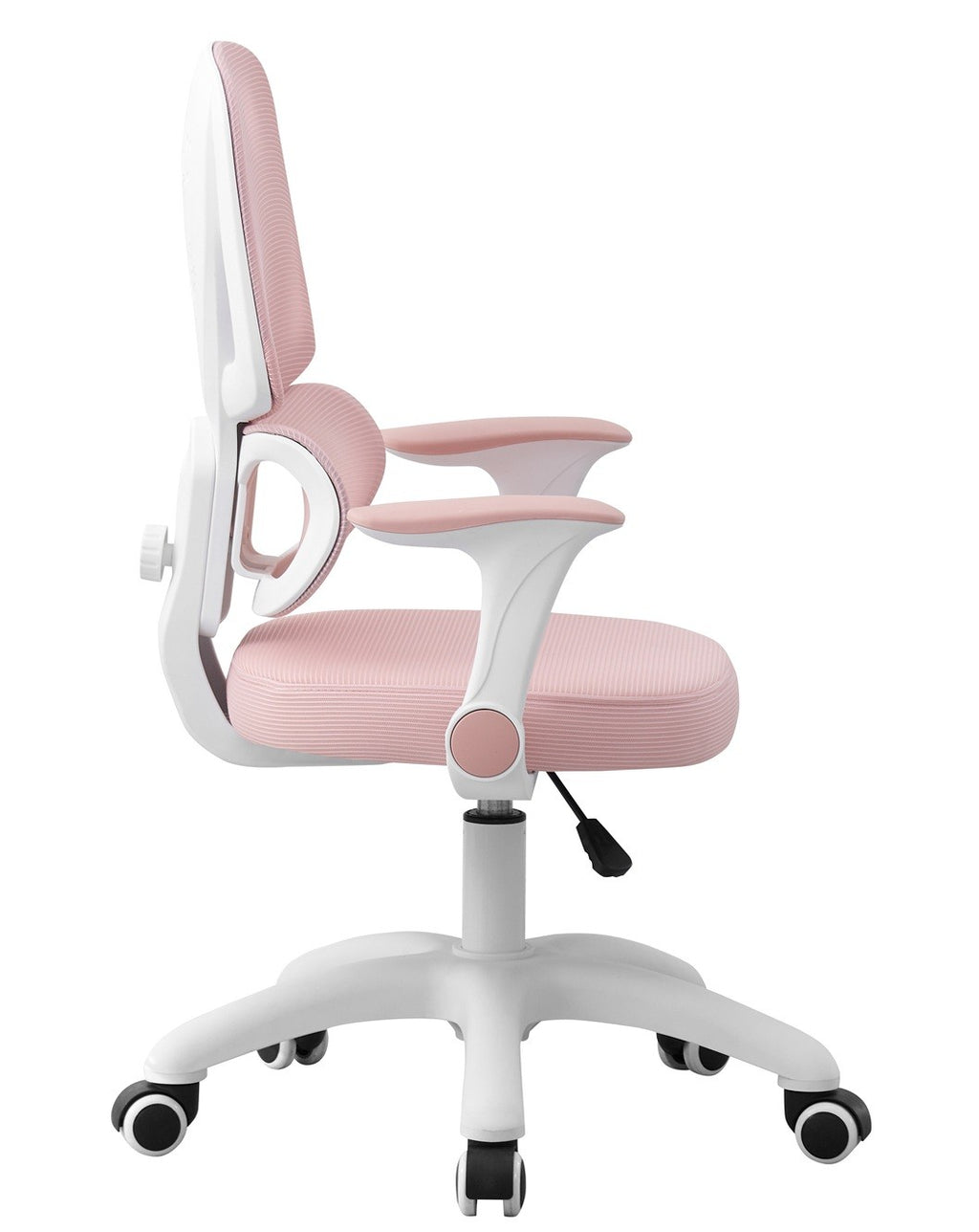 Silla de estudio CHAMONIX, blanca, brazos, ergonómica, regulación de altura, malla y asiento rosa