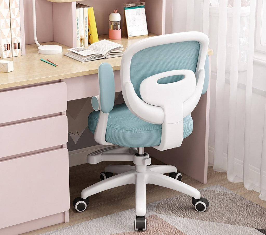Silla de estudio JOLIVET, blanca, brazos, ergonómica, regulación de altura, malla y asiento azul