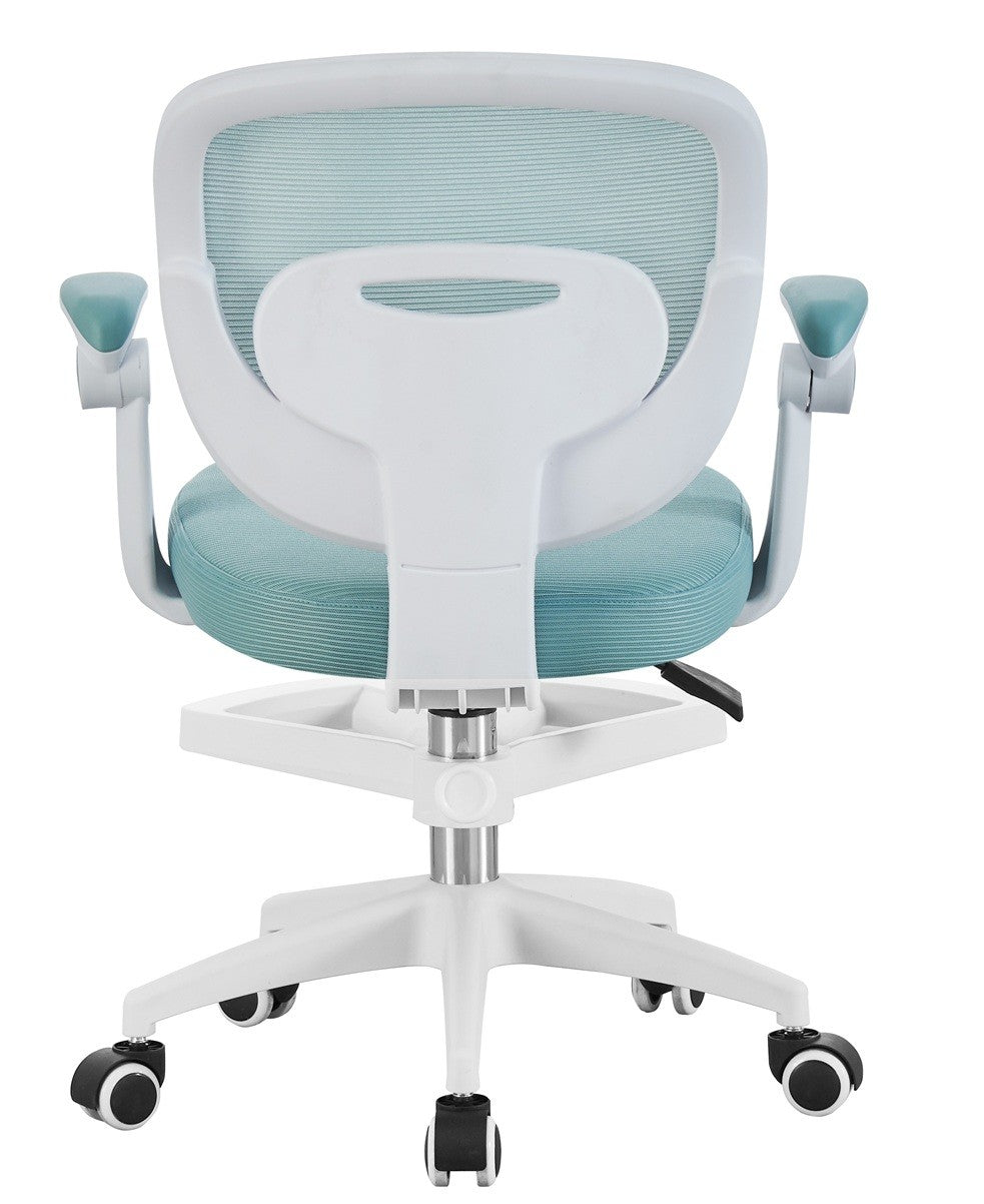 Silla de estudio JOLIVET, blanca, brazos, ergonómica, regulación de altura, malla y asiento azul