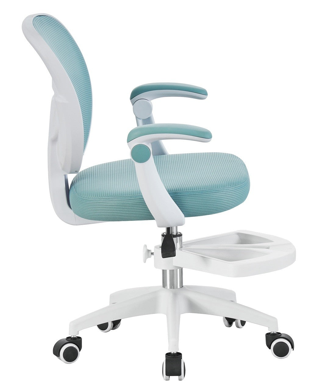 Silla de estudio JOLIVET, blanca, brazos, ergonómica, regulación de altura, malla y asiento azul