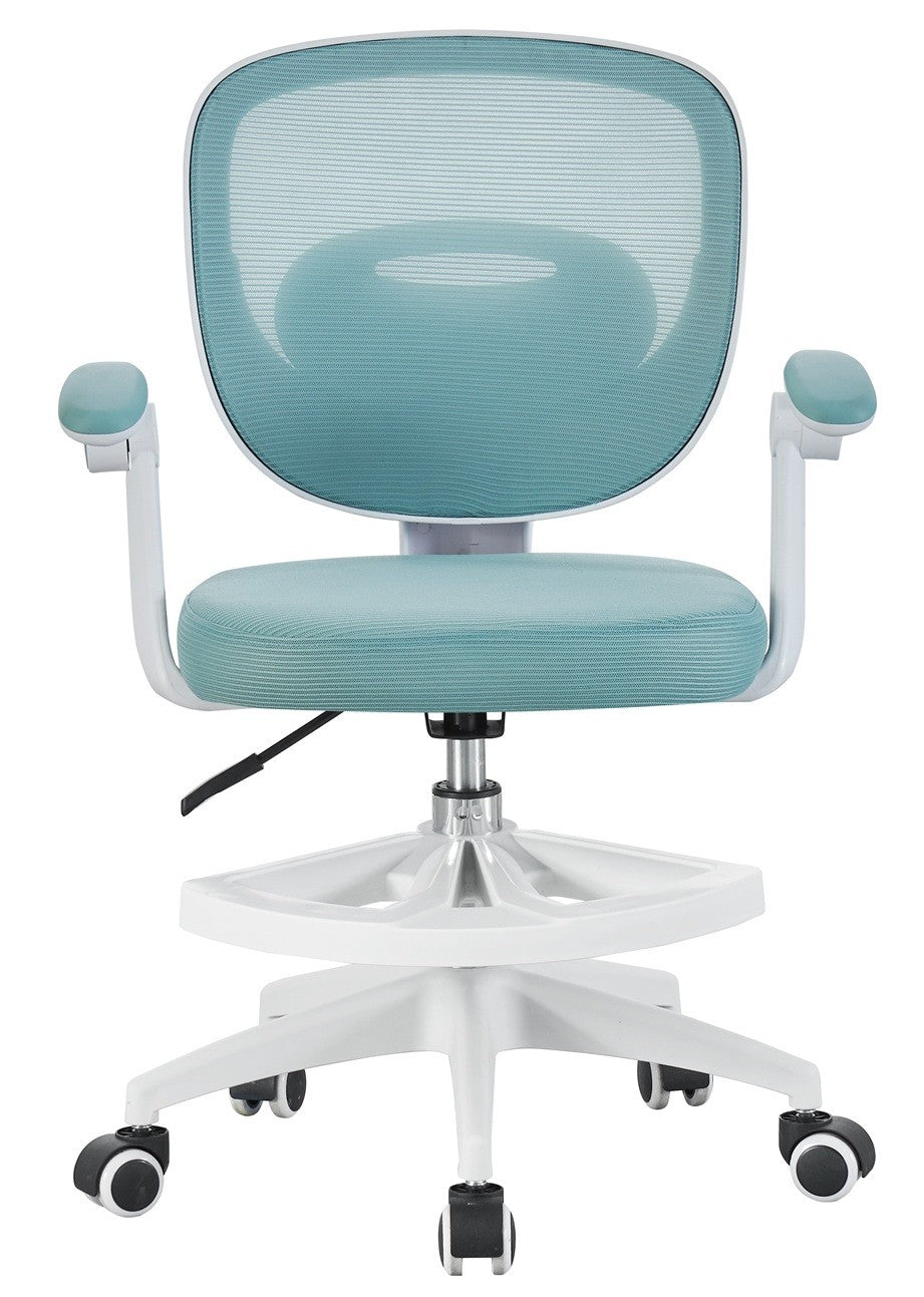 Silla de estudio JOLIVET, blanca, brazos, ergonómica, regulación de altura, malla y asiento azul
