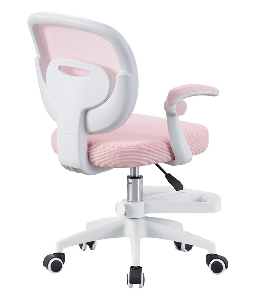 Silla de estudio JOLIVET, blanca, brazos, ergonómica, regulación de altura, malla y asiento rosa
