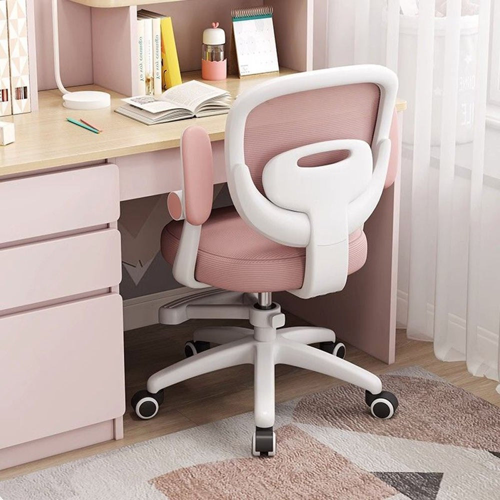 Silla de estudio JOLIVET, blanca, brazos, ergonómica, regulación de altura, malla y asiento rosa