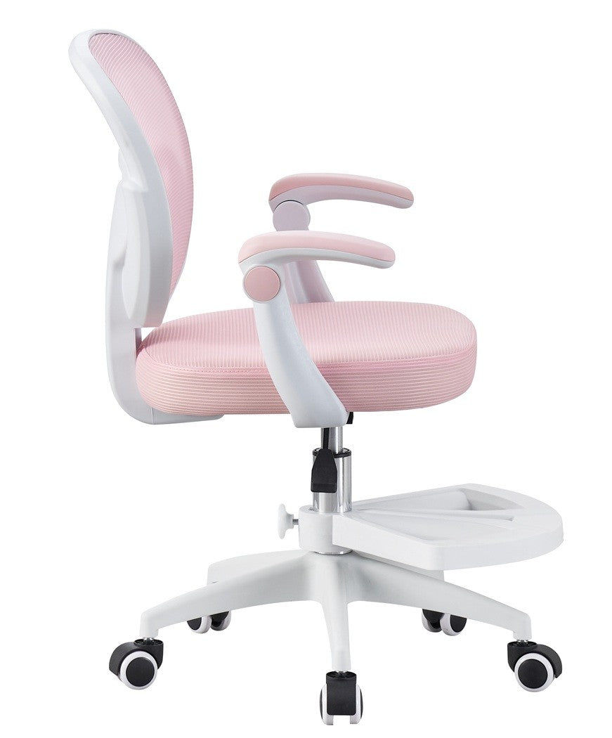 Silla de estudio JOLIVET, blanca, brazos, ergonómica, regulación de altura, malla y asiento rosa