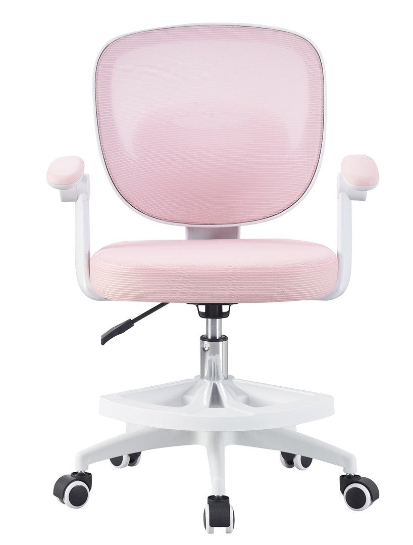 Silla de estudio JOLIVET, blanca, brazos, ergonómica, regulación de altura, malla y asiento rosa