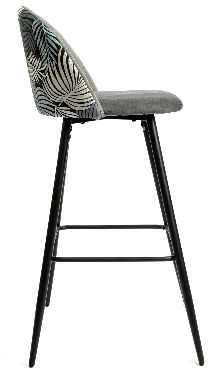 Taburete FLORAL, metal, tapizado velvet gris con trasera floral a juego
